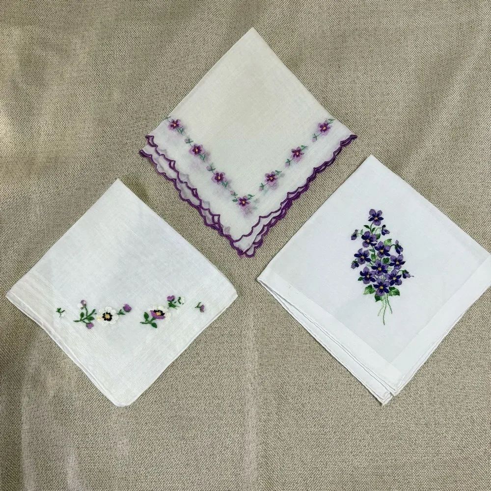 Vintage Hand Embroidered Cotton Handkerchief 3 in Purple Floral Designs Ladies